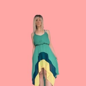 Sleeveless Colorblock Midi Dress in Teal, Navy & Yellow